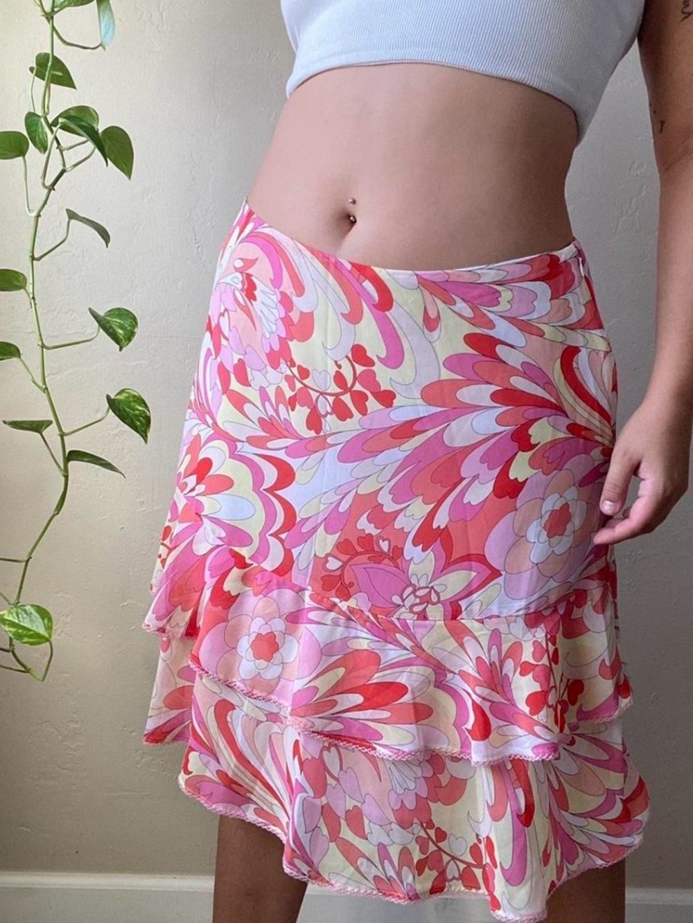 New York & Company Pink and Coral Floral Midi Skirt